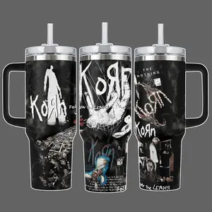 Korn - Follow the Leader - The Nothing 40 oz Vacuum Insulated Tumbler with Handle Straw White Distressed Band Graphic Stainless Steel Travel Mug Nu-Metal Metalheads Dark Aesthetic Merch Gift