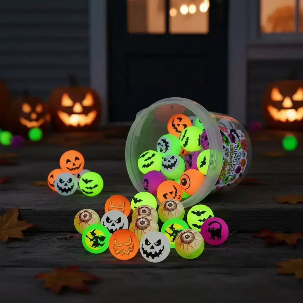 Glow-In-The-Dark Halloween Bouncing Balls, Set of 12/24/36 pcs, Spooky Rubber Glowing Party Favors Assortment with Pumpkin, Bat, Skull Designs