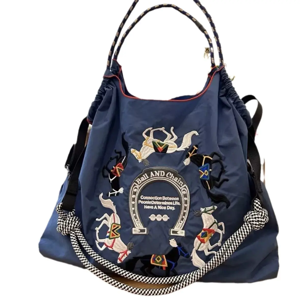 Shoulder Purse for Women, Japanese Style Embroidered Fashionable Shopper Handbag, High-Capacity Summer Bag with Ball Chain Accent, Fashionable Shopping Bag, Purse Shoulder Bag