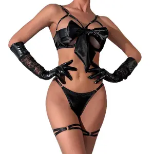Women's Satin Bow Lingerie Set, Sexy Open Cup Bra & Panty with Gloves, Bondage Style Lingerie for Nightwear