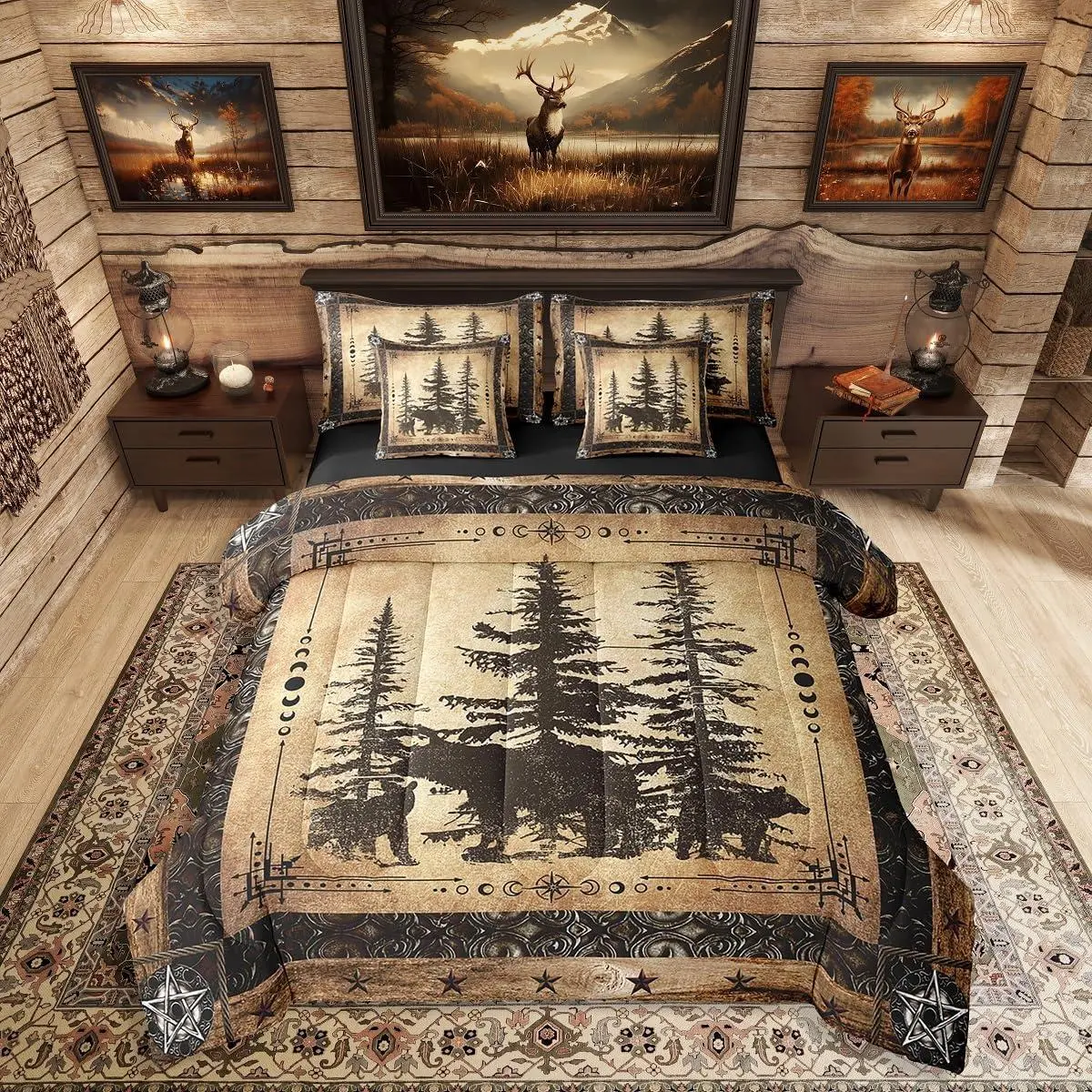 Rustic Bear Comforter Set 7 Piece Woodland Wildlife Hunting Bed in A Bag Farmhouse Cabin Lodge Bedding Comforter Sets Adults Men Black Retro Country Animal Bed Set