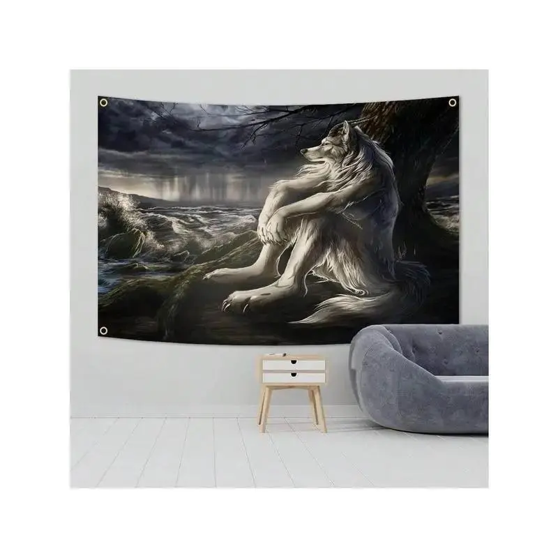 Lonely White Wolf Tapestry, Multicolor Emo Goth Printed Polyester Wall Hanging, Bedroom Dorm Home Decor Wall Art Lightweight Backdrop, Table, Decorative, Wedding