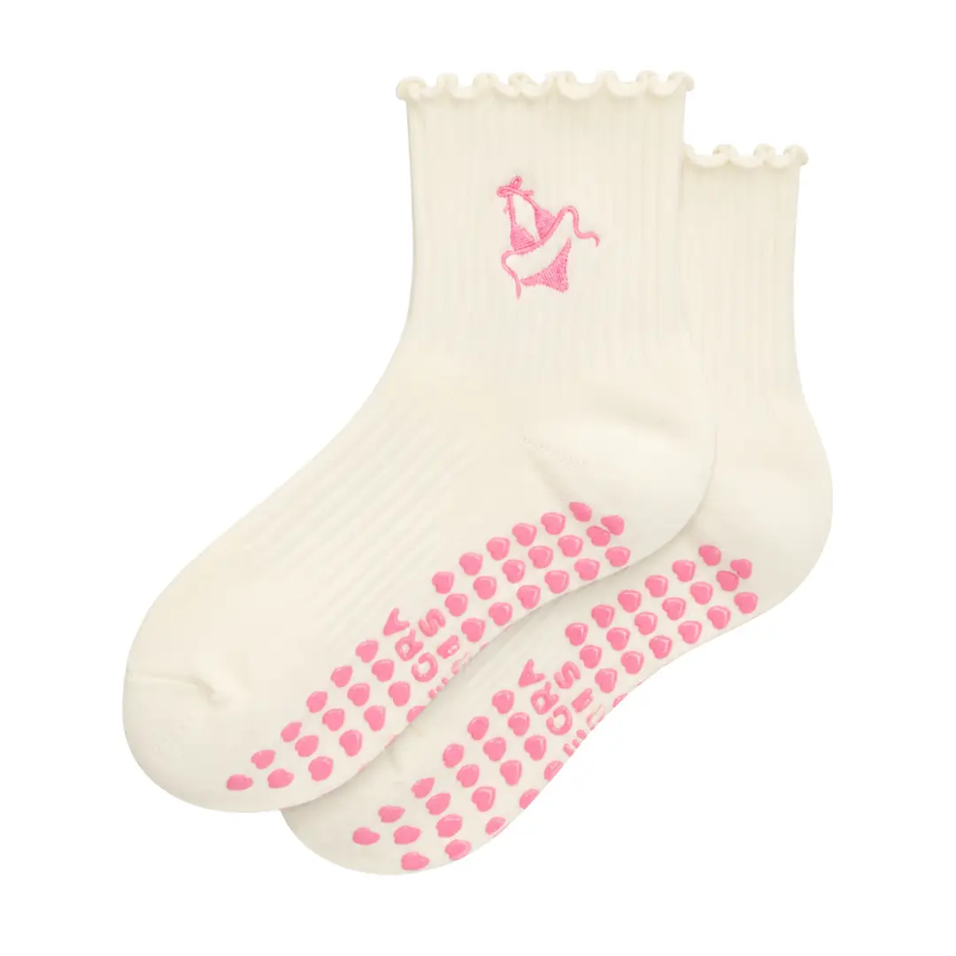 The Summer Bikini Embroidery Grip Sock with pink heart-shaped grips for Pilates, Barre, Lagree, and Yoga