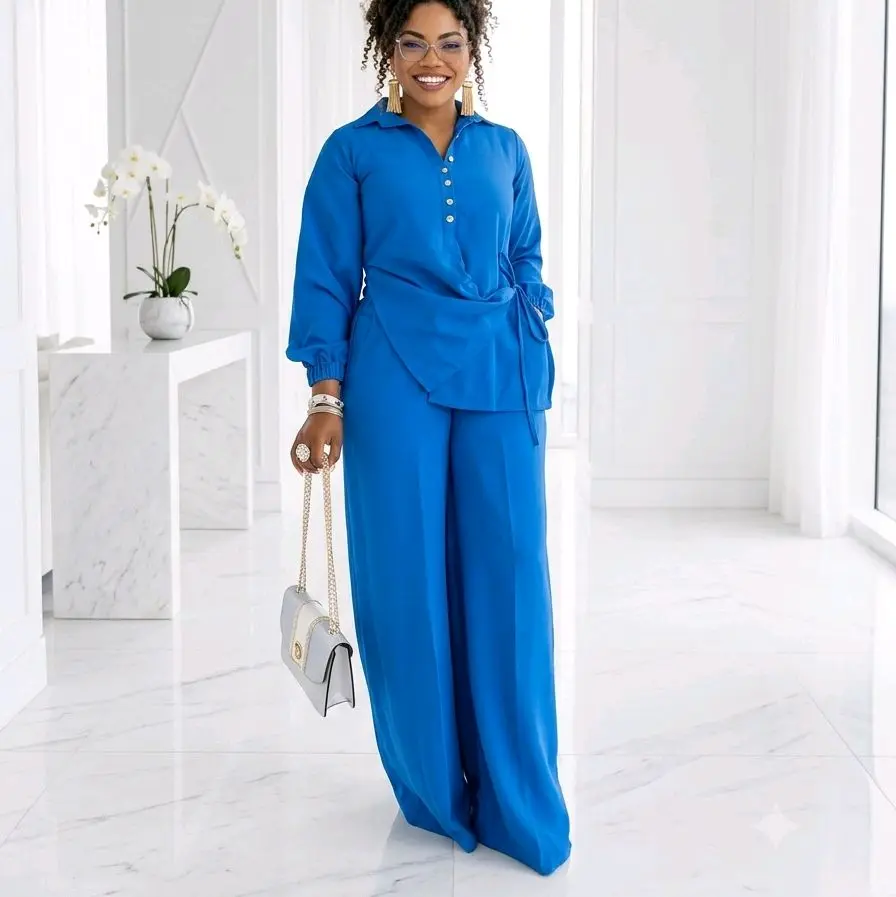 Women's 2-Piece Corporate Clothing Set - Crop Fashion Style Top, Loose Extra-Wide Leg Pants, 100% Cotton Crepe Print, Casual Wear