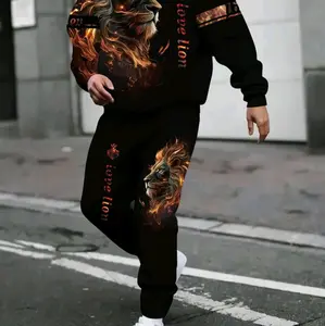 en's 3D Lion Print Hooded Sports Jacket and Pants Set Casual Sportswear, Hooded Long Sleeve Top with Pocket Design, Regular Fit Knitted Fabric, Comfortable for All Seasons, Animal Pattern