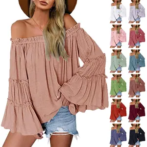 Imily Bela Womens Off The Shoulder Long Bell Sleeve Tops Flared Casual Loose Blouse