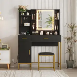 Garvee Makeup Vanity Desk with Mirror,Vanity Table with Lights  in 3 Colors, White Vanity DressingTable with Charging Station, Visible Drawers