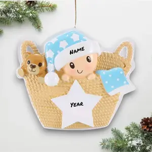 Personalized Baby Boy in Basket Christmas Ornament – Custom Name & Year – Blue Hat Holiday Keepsake 2025