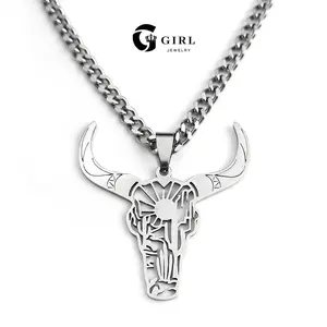 GGIRL Men's Stainless Steel Bull's Head Necklace Pendant - Openwork Desert Cactus Sun Design, Chunky Cuban Chain, Tough Masculine Vibe, Western-Style Gift (Men's Jewelry, Stainless Steel Necklaces, Chains)