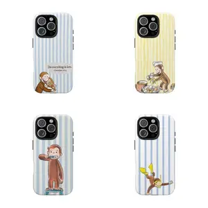 Retro Stripes Heavy Duty Tough Phone Case - Classic Cartoon Monkey Banana Design, Shockproof Drop Protection Cover for iPhone 11 12 13 14 15 16 17 Pro Max Plus