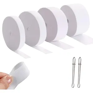 4 Rolls White high Elastic for Sewing Elastic Bands, Thickness 1mm Width 0.6inch, 1inch, 1.4inch, 2inch, Length 5.5 Yards/roll, with 2 Sewing Clips. Used for Waistband Dresses Swimwear Crafts DIY