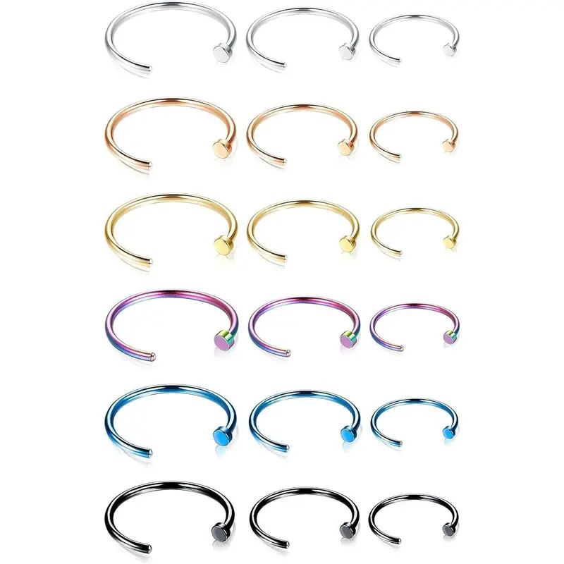 FLORIDECO 18PCS 22G Surgical Steel Nose Rings Hoop for Men Women C-Shape Flat Disc Thin Nose Ring Cartilage Tragus Ear Body Piercing Jewelry Set Daily