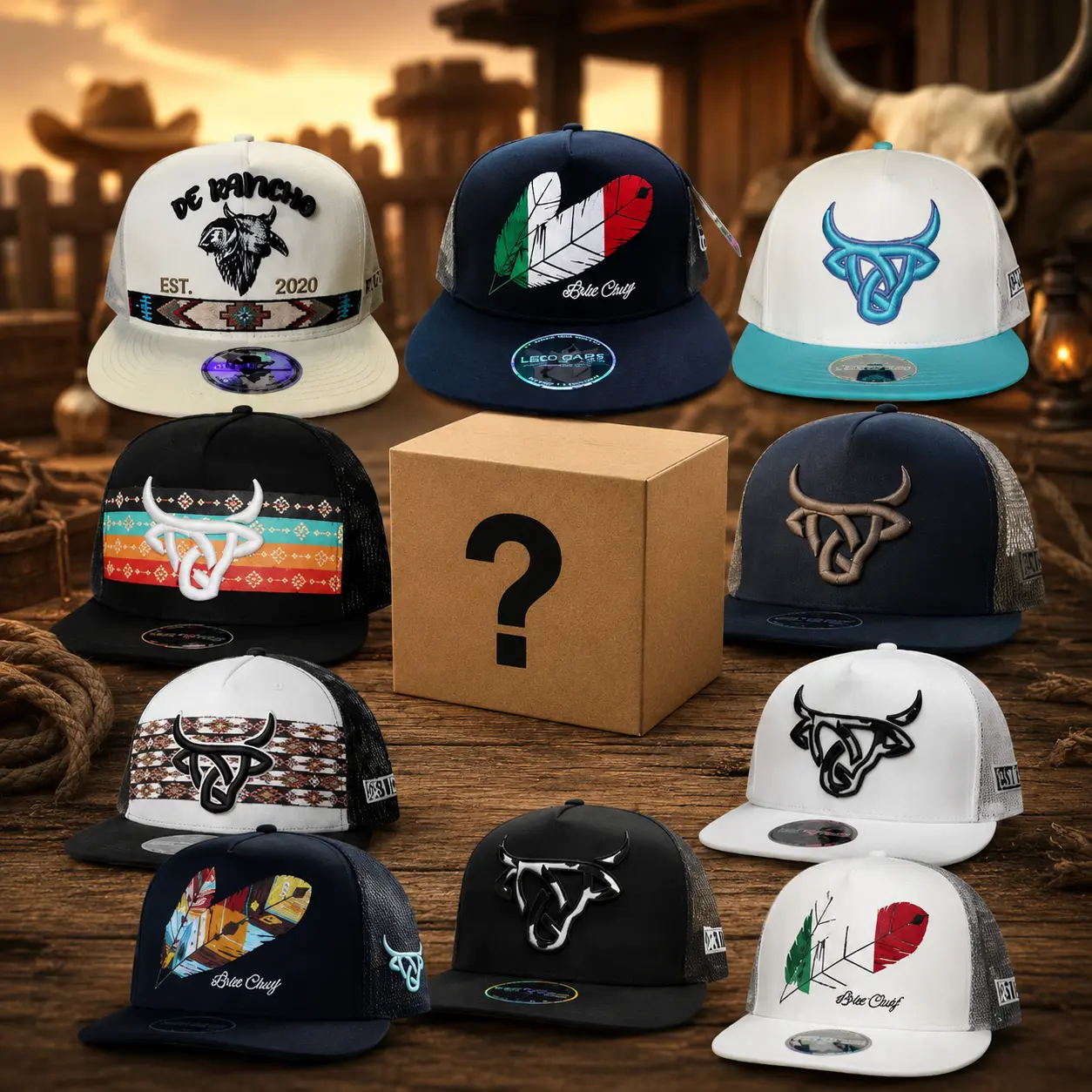 [COMBO BUY 2 Save 50% ] One Hat Sent, Vintage Retro Western Hat Collection,  Lost Calf Arrow Flat Bill Hat, De Rancho Tribal Bull Hat, Mexican Tribe Mesh Back Snapback, Western Trucker Hat