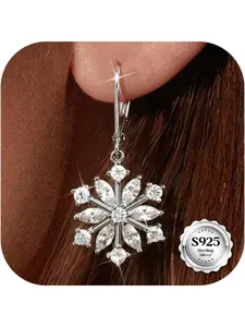 2 Pcs 925 Sterling Silver Snowflake Drop Earrings for Women 18K White Gold Plated Leverback Dangle Christmas Snowflake Earrings High Polished Silver Dangle Drop Earrings High Quality Earrings