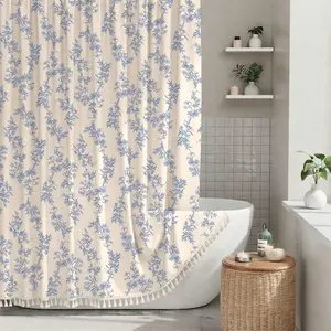 Dakimoe Blue Shower Curtain Floral Plant Shower Curtain Set with Tassels, Heavy Duty Faux Cotton Linen Cottagecore Boho Vintage Rustic Shower Curtains with Hooks for Bathroom Decor
