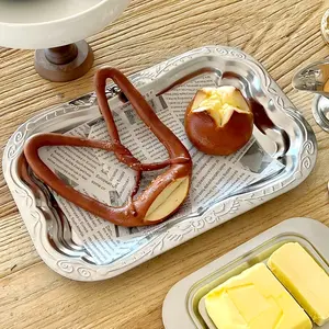 1pc Elegant Stainless Steel Rectangular Tray with Intricate Embossing - Ideal for Serving Fruits, Dried Goods, and Cakes, Decorative Metal Platter for Home and Kitchen Decor Small