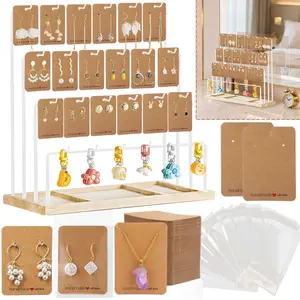Earring Display Stands White Jewelry Necklace Organizer Rack with 100pcs Earring Holder Cards and 100pcs Self-Seal Bags 24 Hooks 4 Layer Jewelry Towers for Hair Accessories Rings Stud Earings