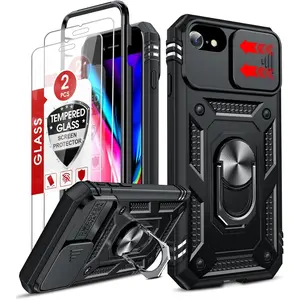 Compatible for  SE 3rd/ 2nd Generation Case: 7/8/ SE 2022 2020 Phone Cover with Slide Camera Cover+ 2 count Tempered Glass Screen Protector, Full  Case with Kickstand for SE, Black