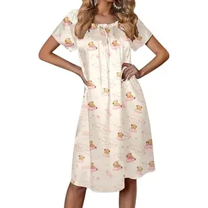 Women's Satin Silk Pleated Nightgown Loose Sleepwear Printed Nightshirt Short Sleeve Sleep Dress