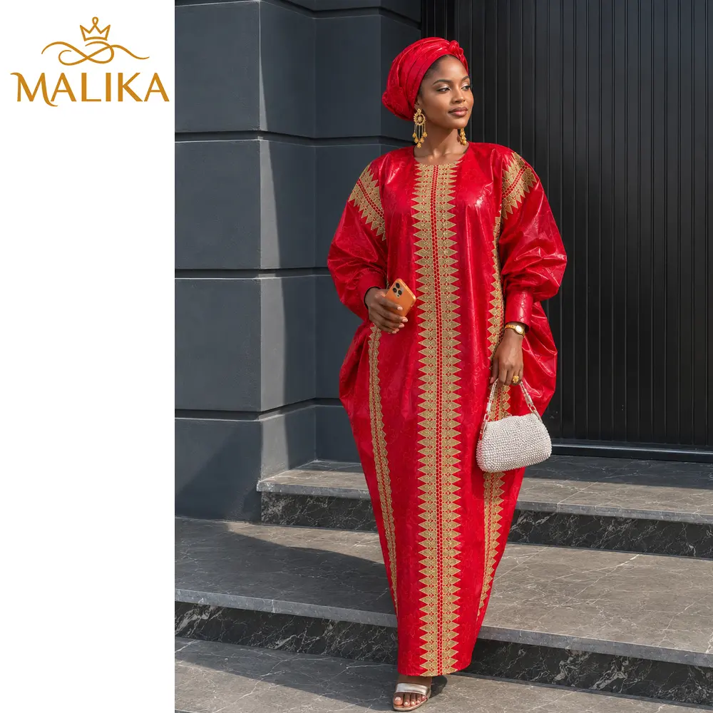 Frist Quality Perfume Red Bazin Boubou Dress With Dust Embroidery For Nigerian African Bride Or Bridesmaids Wedding Party Long Robe