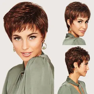 Short Red Pixie Cut Layered Straight Wigs for Women with Bangs Burgundy Highlight Synthetic Wig Costume Party Wig for Lady