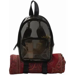 Anti-Theft Black Clear Transparent Small Mini Backpack Convertible Straps Crossbody for Raves Stadium Festival Concert (Mini w Strap - Black)