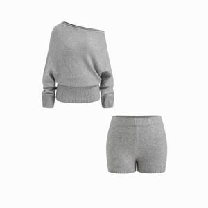 Cider Knit Wool-blend Asymmetrical Neck Long Sleeve Top & Low Rise Shorts Set