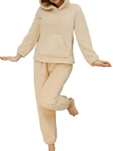 Huonwei Women Flannel Pajamas Set Long Sleeve Hoodie Fleece Loungewear Casual Warm 2 Piece Fuzzy Lounge Set Winter Thickened Soft Plush Sleepwear Fleece Pullover Hooded Top and Pant Sherpa Two Piece Pjs Outfits  118