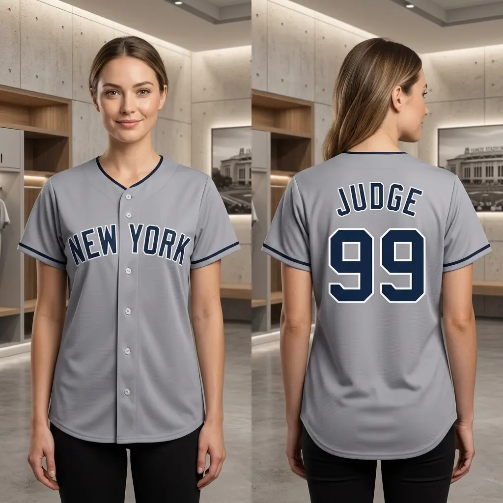 Judge New York Baseball Jersey, Classic Gray Pinstripe Button-Up Mesh Bronx Bombers Style Breathable Fabric #99, Perfect Gift for Baseball Fan