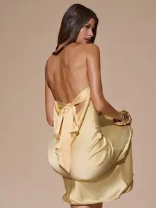 Sexy Minimalist Solid Color Yellow Cream Strapless Backless Tie-Up Dress, Suitable For Party, Cocktail, Formal Occasions, Bridesmaid, Birthday, Yellow Satin Formal Gown, Banquet, Business Casual Backless Dress