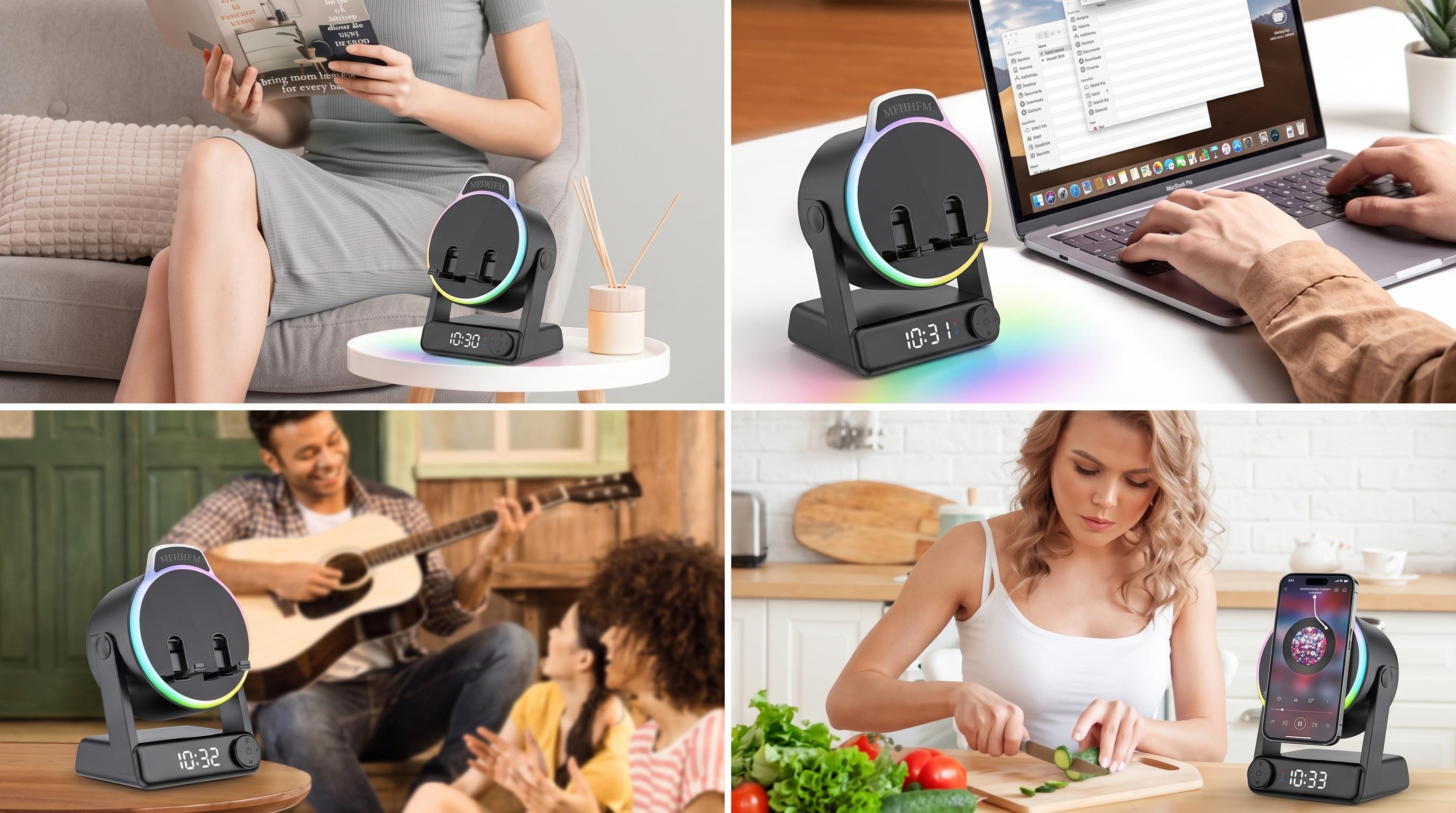 MFHHFM Portable Wireless Induction Bluetooth Speaker - 5-in-1 Mobile Device Accessory with Phone Stand, Stereo Sound, Digital Alarm Clock, RGB LED Light, Adjustable Holder for iPhone, Android & iPad, Batteries Included, Tech Gifts for Women, Portable Spea
