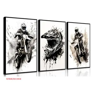 3-Piece Set, Stylish Motorcycle Wall Art; Black-and-White Motorcycle Canvas Posters; Art Prints; Cool Racing Images; Off-Road Motorcyclists; Graffiti Helmet Art; Home Decor for Boys, Teens, and Men's Personal Spaces; Frameless Design