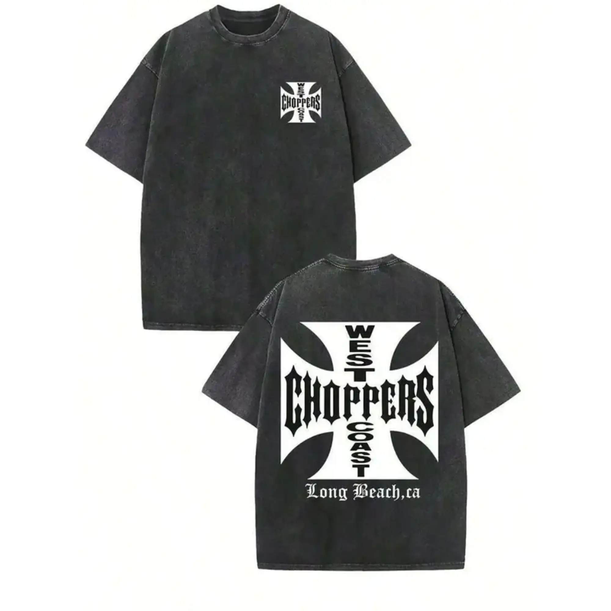 [HOT] Double Side Long Beach Iron Cross Logo Washed Black Crew Neck Short Sleeve Unisex Top, Casual Daily Outfit T-Shirt For Chopper Bike Fans Men And Women
