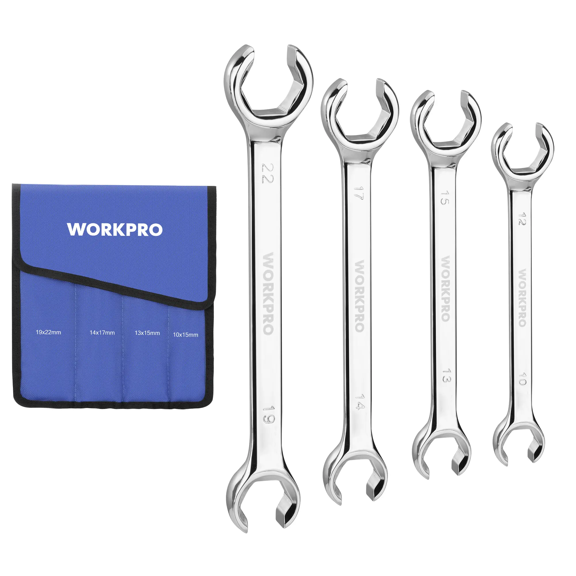 #fathersdaygift WORKPRO 4-Count Flare Nut Wrench Set, Brake Line Wrenches, Cr-V Steel, 15° Offset Head Tubing Wrench, Organizer Pouch Included