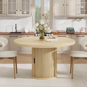 47" Round Dining Table - Premium Modern Farmhouse Kitchen Table with Storage Drawer, 2-Layer Shelf, Fluted Pedestal Base & Wooden Circle Design