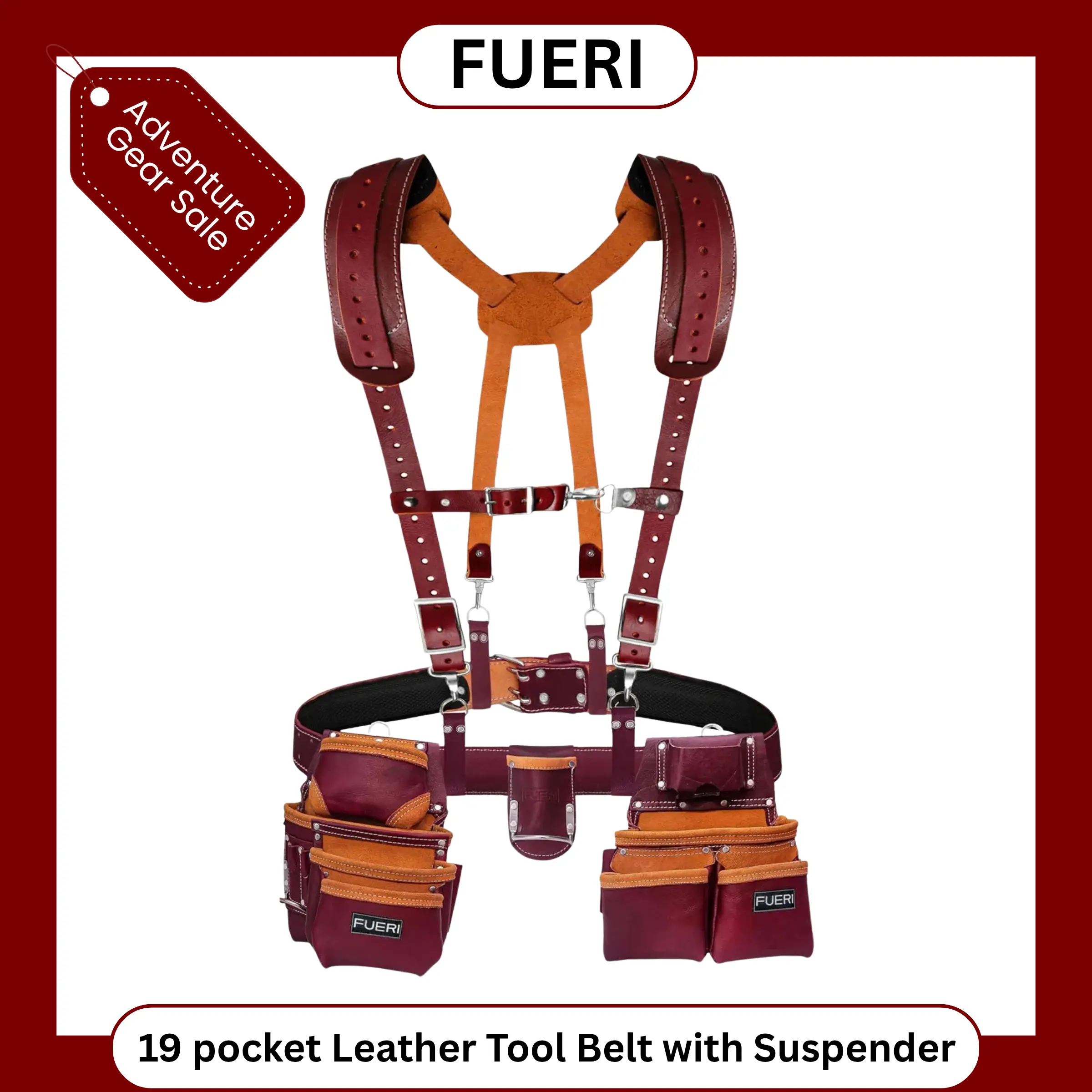 FUERI 19 Pocket Leather Tool Belt with Suspenders,Comes with Padded Belt, Big Pouches, Hammer Holder,Suspender loops and Leather Suspender, Ideal for Construction Workers, Carpenters and Electrician.