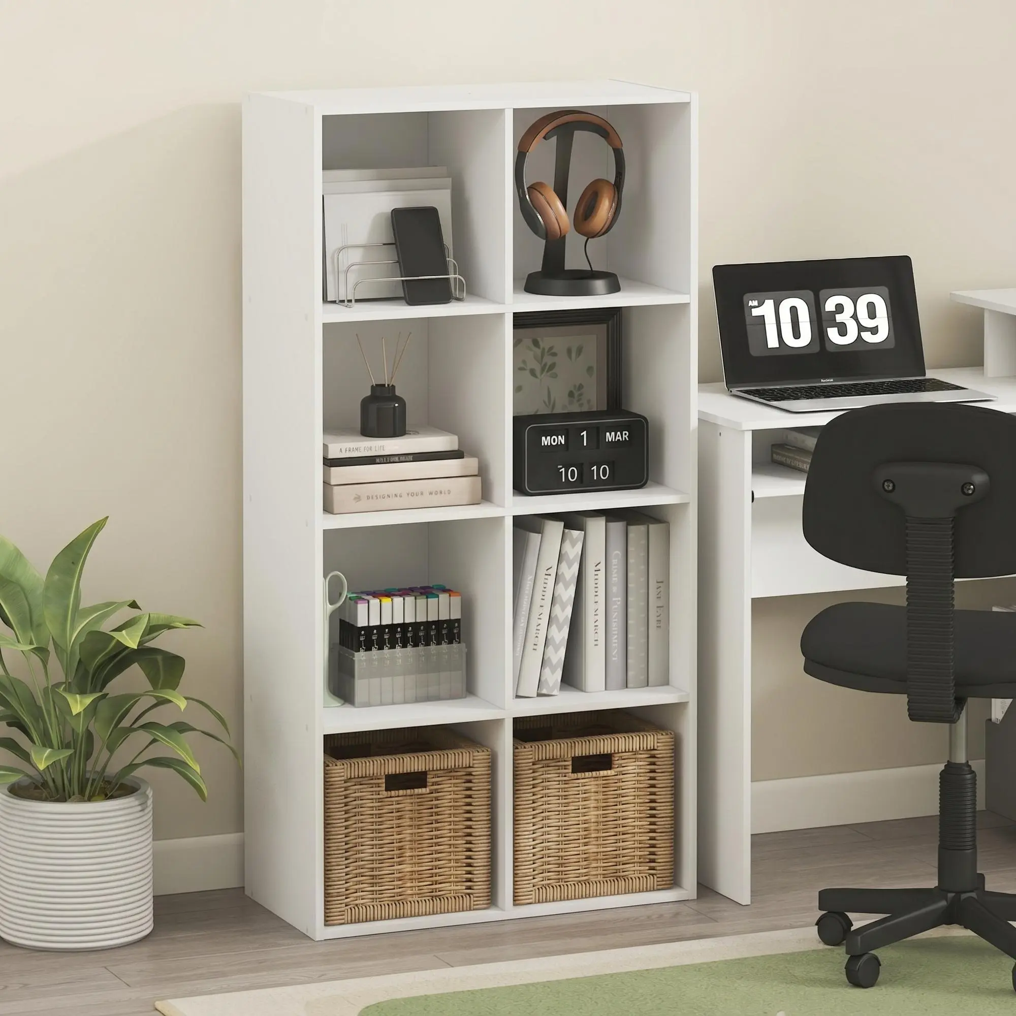 LUDER 8-Cube Open Shelf Bookshelf - 11.1x23.9x47.4in White Minimalist Decluttering Space Saver, Easy Setup Indoor Furniture for Living Room, Home Office, Small Spaces