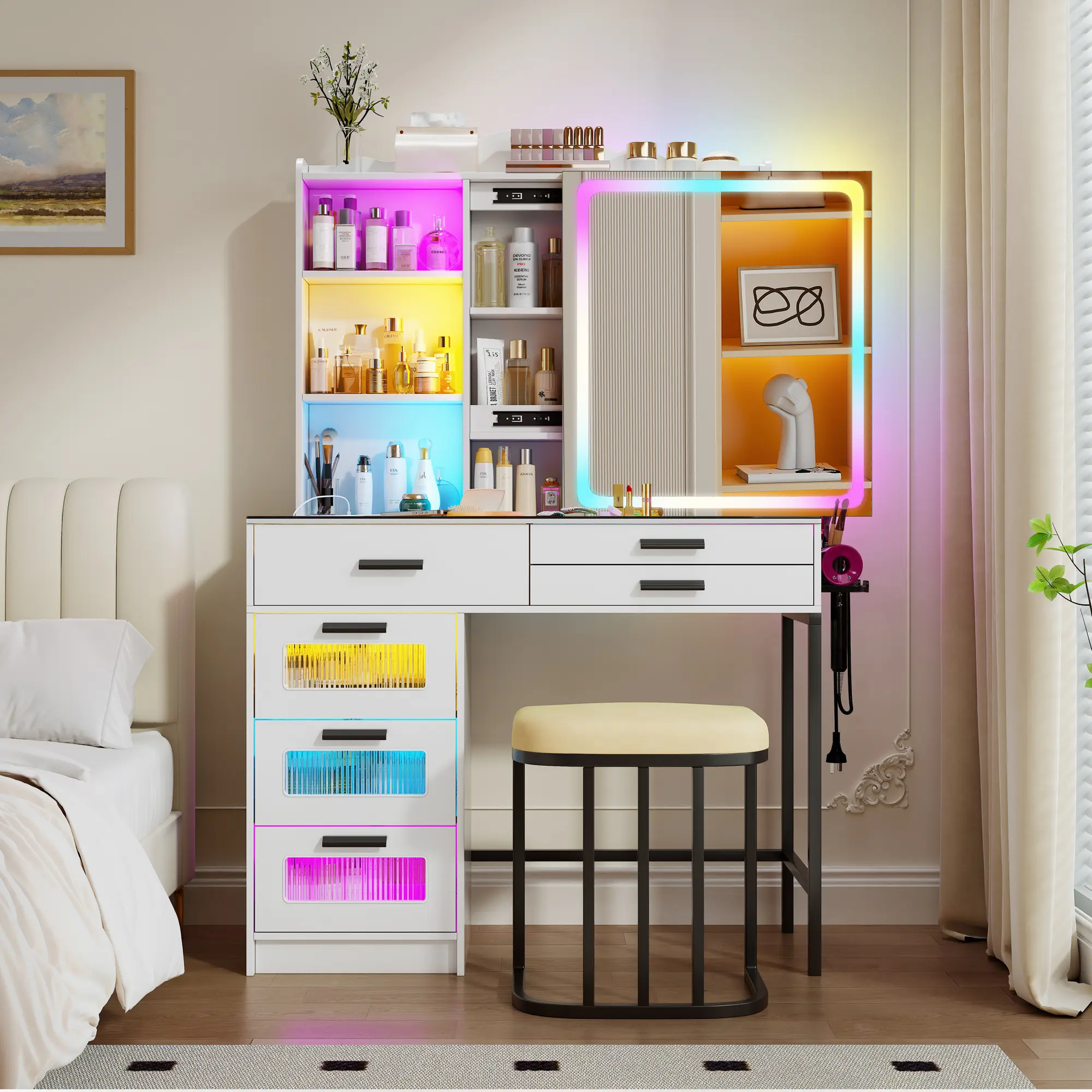 Miuvanity Set with 24-Color RGB Lights, Wireless Charging, HD Mirror, 6-Drawer Chest & Big Storage Furniture Organizing - Modern Design Adjustable Brightness,Vanity with LED Mirror and Power Outlet