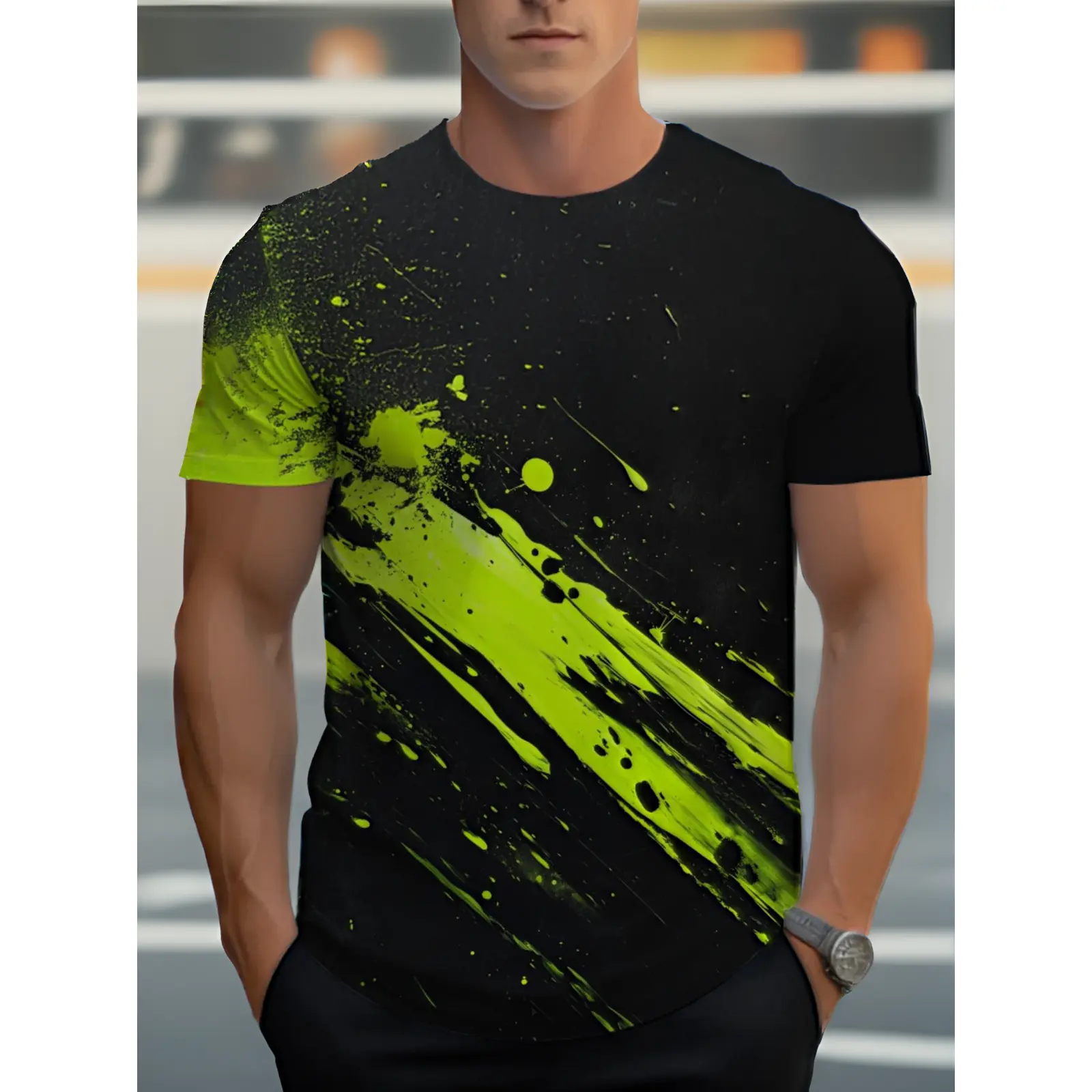 Men' Neon Green Splatter T-Shirt - Lightweight Polyester Short Sleeve Round Neck Tee Suitable for Gym, Outdoor & Casual Wear, Comfortable Fit, Machine Washable, Contemporary Style for Year-Round Wear for Men