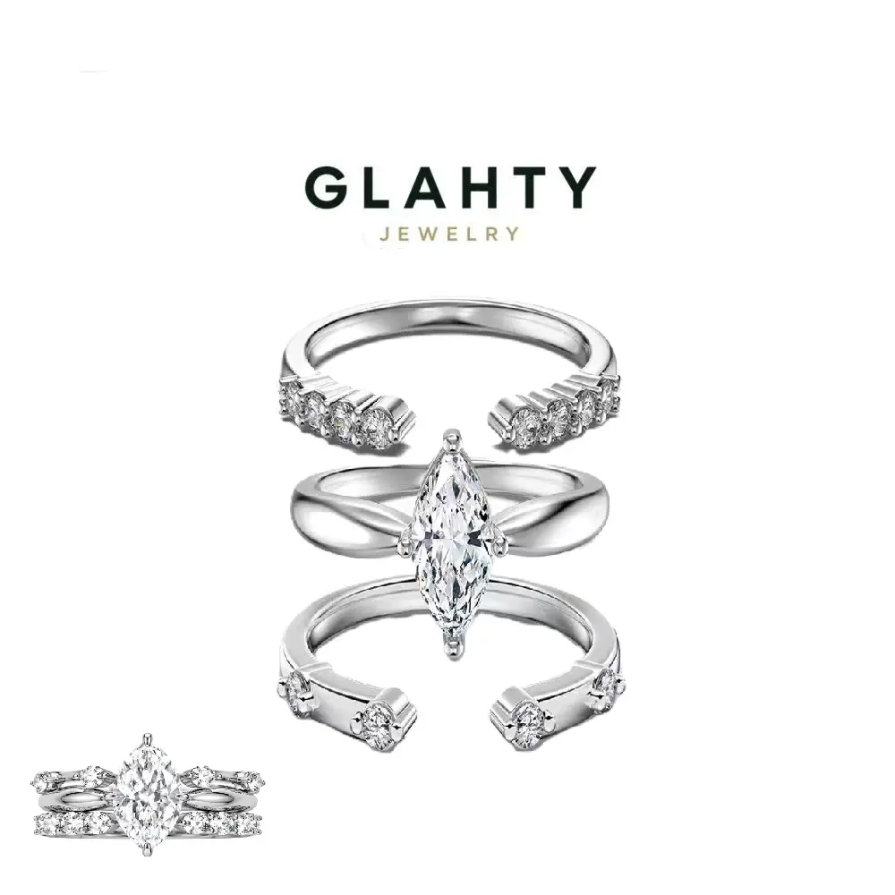 Women’s Marquise Cut Moissanite Ring, Minimalist Ultra Sparkle Eternity Band, 3-in-1 Stackable Wedding Ring Set
