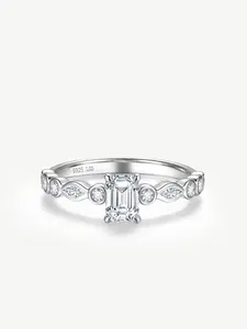 Emerald Cut Lab Grown Diamond Side Stone Ring in Sterling Silver Engagement Anniversary Wedding Ring for Women (0.5-1.0 Carat)