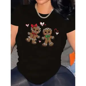 [100% Cotton] Plus Size Graphic Tee For Women, Halloween Gingerbread Print Crew Neck T-Shirt, Medium Stretch, Short Sleeve, Knit Fabric Pullover - Season Versatile Top Golf Gift T-Shirt For Men And Women