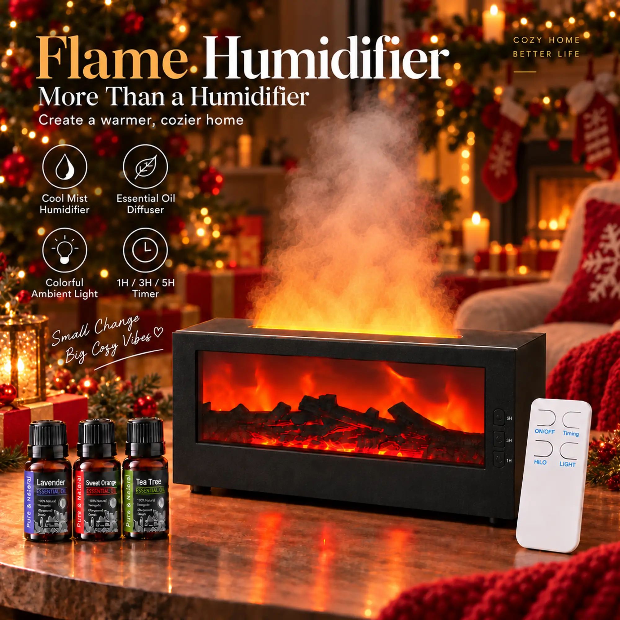300ML Flame Cool Mist Humidifier & Essential Oil Diffuser for Home, Steam-Free Aromatherapy Machine with Remote Control, Multi-Color LED Light, Fireplace Effect, Portable Design for Bedroom Mist + Scent Use