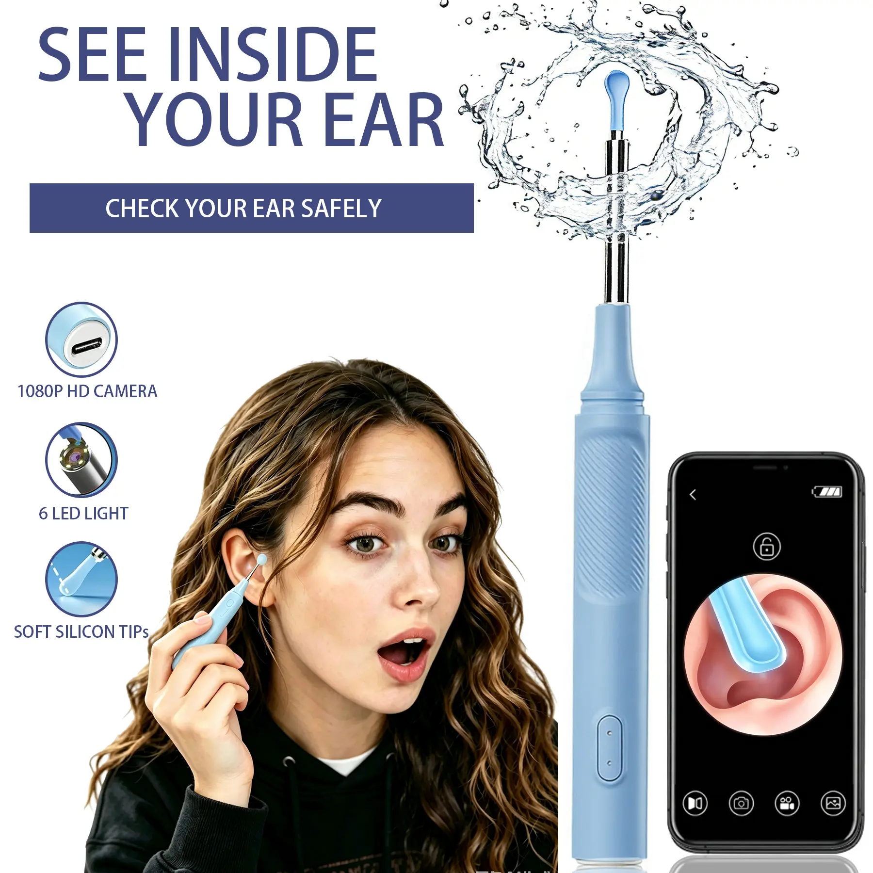 Visual Ear Wax Removal Camera, 1080P Ear Camera with 6 LED Lights, Complete Ear Cleaning Kit with 7Pcs Tools & 8 Silicone Tips, Ad-Free WiFi APP Compatible with iOS Android | Multi-Use for Ear Nose Mouth Inspection, Premium Gift Box Packaged, Blue