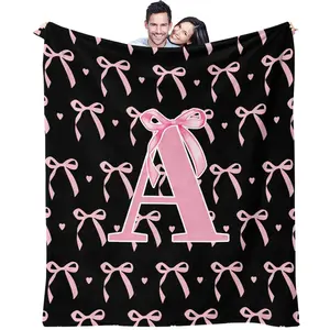 Initial Letter A-Z Flannel Blanket Throw for Girls, Letter Pattern Blanket, Black Pink Alphabet Flannel Blanket, Monogrammed Gifts for Daughter Women Teen Girls, Customized Blanket for Bedding Bedroom Office, Personalized Flannel Blanket, multiple Size
