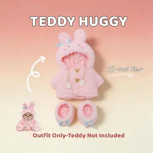 TEDDY HUGGY Cute Teddy Bear Series - Pink Soft Little Rabbit Fluffy Hooded Dress Set Paired with a Cute Teddy Bear - 12 Inches Tall - Soft Plush Toy with Movable Joints - The Perfect Gift for Any Age.