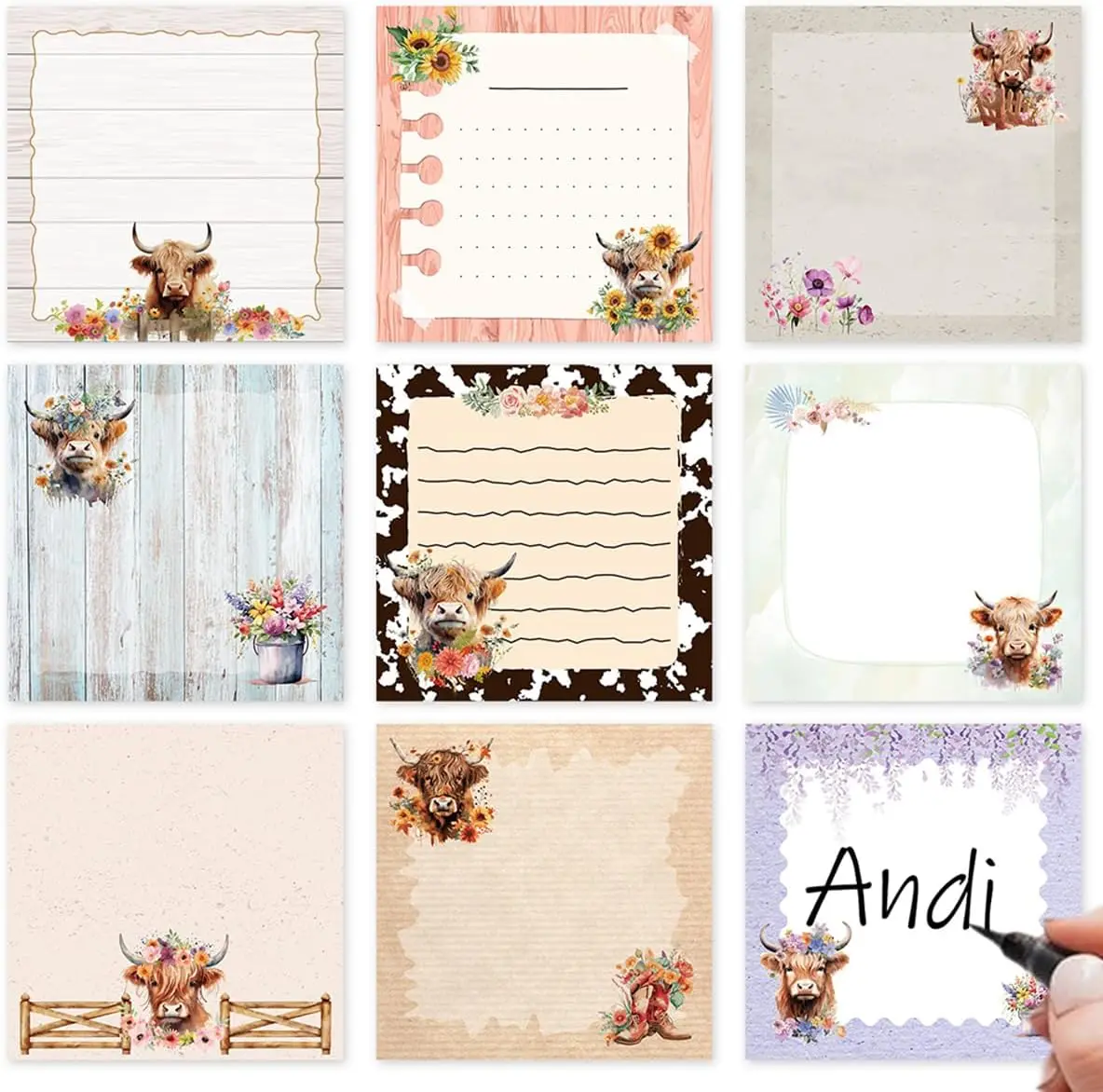 Highland Cow Sticky Notes Set -  9 Pack Highland Cow Sticky Notepad Cute  Sticky Notes 3"X3" Adhesive  Memo Pad Gifts Office   School Supplies 450 Sheets