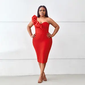 Singular Puff Sleeve Bandage Dress - Red Polyester Fashionable Women's Wear for Formal & Casual Events