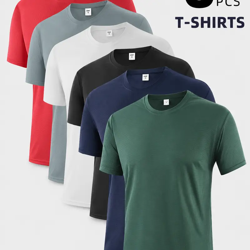 Men's 6-Pack Textured Lightweight High-Performance Sports T-Shirts - Fitted Crew Neck Polyester Workout Clothes, Quick-Dry, Breathable, Premium Touch, Subtle Grid, All Seasons 6-Tee Rotation Activewear for Gym & Everyday Wear