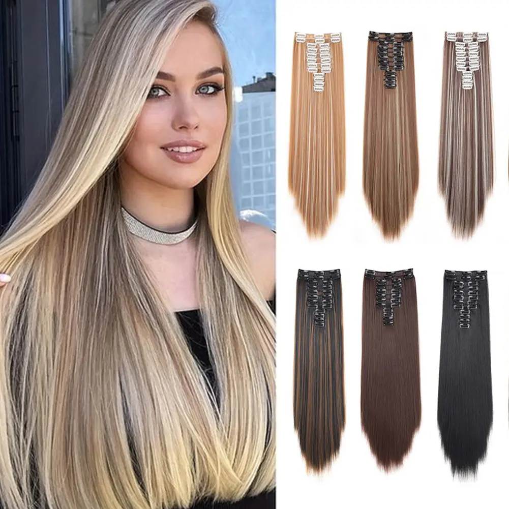 22 inch Clip In Straight Hair Extensions 12PCS Synthetic Highlight Hair Pieces Chocolate Brown with Golden Blonde Hair Invisible Lace Weft Lightweight Synthetic Hairpieces for Women